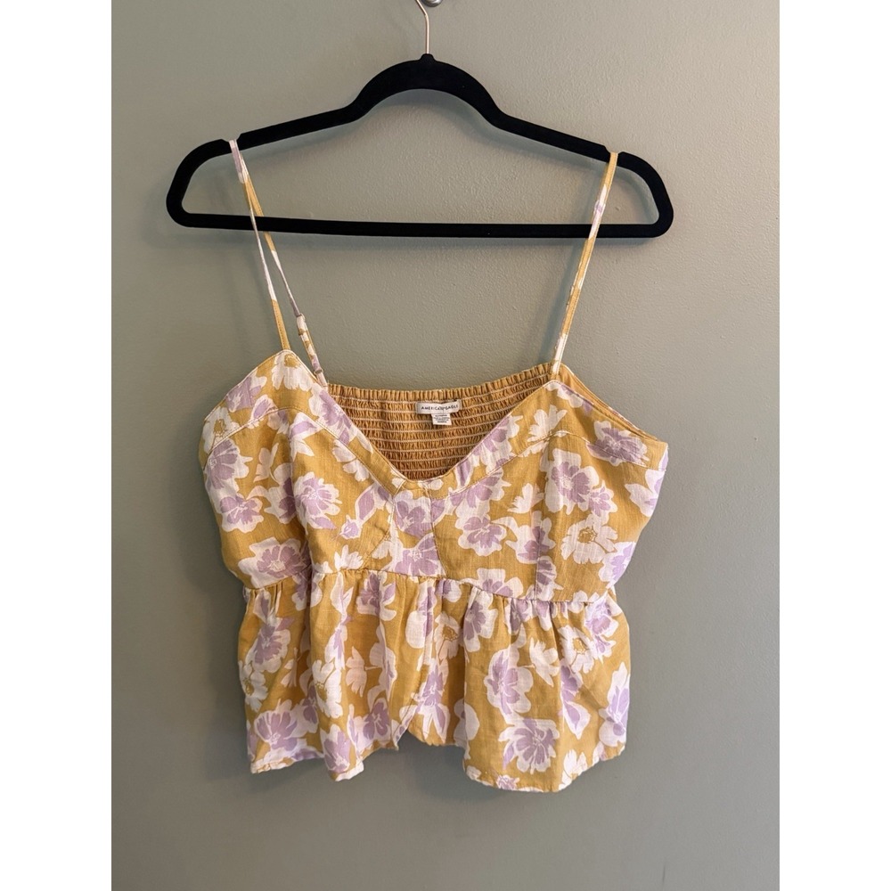 American Eagle XL Floral Linen Blend Cami Tank Top Smocked Back Cottagecore